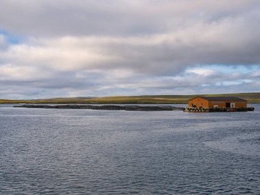 Bluemull Sound 'da, İngiltere' nin kuzeyinde yer alan bir adalar takımadası olan Shetland 'daki Yell ve Unst adaları arasında su ürünleri / balık çiftçiliği.