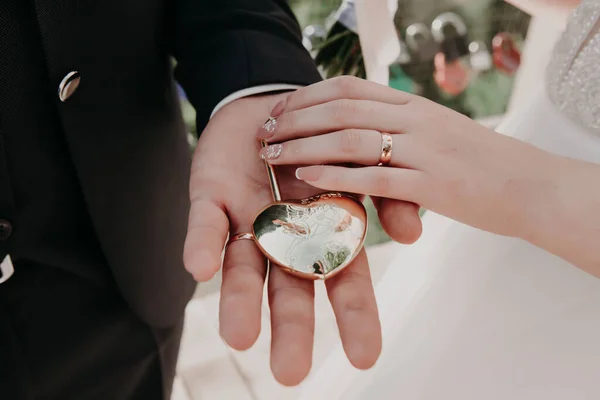 Bruden Och Brudgummen Håller Sin Hand Ett Gyllene Slott Som — Stockfoto