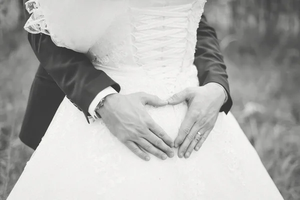 Noivo Abraça Noiva Pela Cintura Dobra Mãos Forma Coração Fotografia — Fotografia de Stock