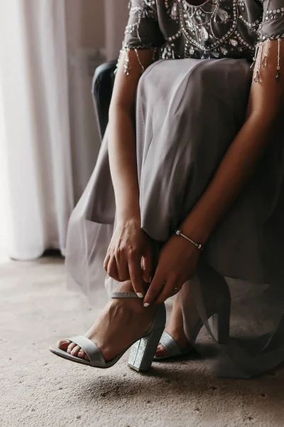 Bride Sitting Wedding Dress Puts Shoes While Room Stock Picture