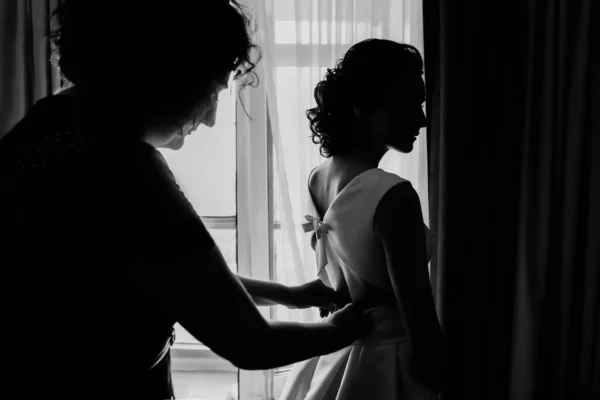 Mom Helps Put Her Daughters Wedding Dress Room Ceremony Black Royalty Free Stock Photos