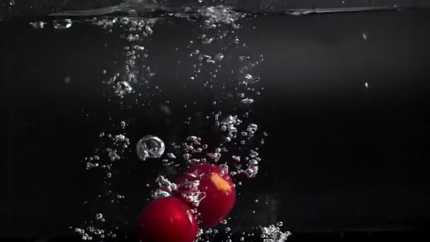 Les Prunes Rouges Tombent Dans Eau Avec Des Éclaboussures Enfonçant — Video