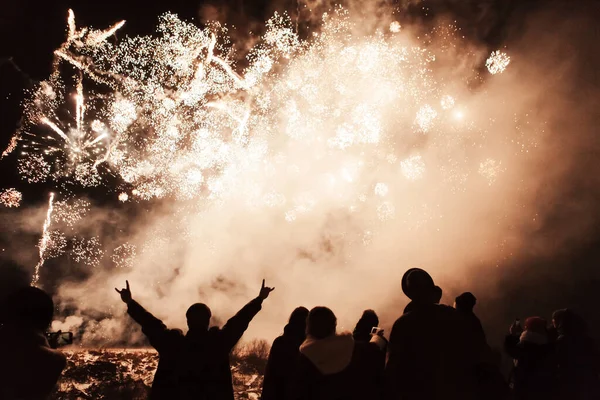 silhouette of joyful people on the background of colorful fireworks with big explosions.
