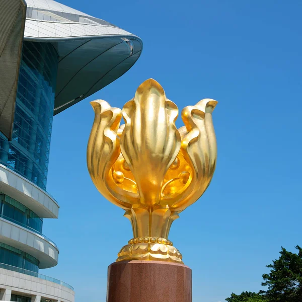 Kowloon, Hong Kong, Çin - 31 Mayıs 2018: The Golden Bauhinia Square Expo Promenade önünde turistik cazibe, Wan Chai bölgesinde, Hong Kong noktasıdır.
