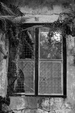 Eski kırık cam üzerinde terk edilmiş eski bir bina (siyah ve beyaz)