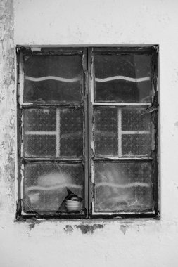 Eski kırık cam üzerinde terk edilmiş eski bir bina (siyah ve beyaz)