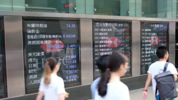Гонконг Августа 2018 Года Пешеходы Проходят Мимо Финансовой Доски Монг — стоковое видео