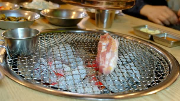 焼肉韓国バーベキュー ストーブ内部レディ チャコール 済州豚バラ肉 — ストック動画
