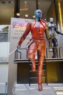 Causeway Bay, Hong Kong, Çin - 03 Mayıs 2019: Avengers 4 karakter modeli, film gösterime girmeden önce tanıtım faaliyetinin bir parçası olarak Hong Kong'da 1:1 yaşam boyu heykeller içeriyor. 
