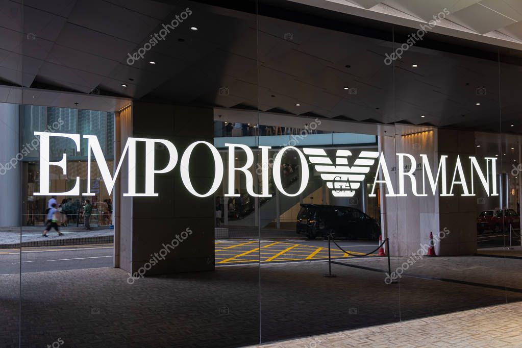 Tsim Sha Tsui, Hong Kong, China - April 09, 2019: Emporio Armani brand logo seen in Tsim Sha Tsui Hong Kong