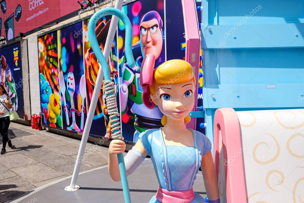 Hong Kong -July 26, 2019: Disney and Pixars Toy Story 4 movie backdrop display with cartoon characters Exhibition activity in Harbour city,Tsim Sha Tsui, Hong Kong