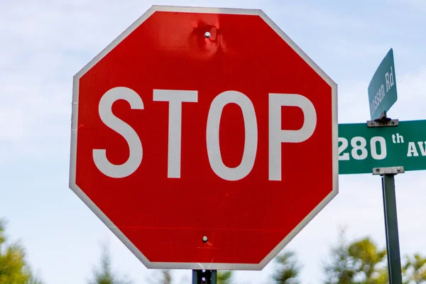 Drei Wege Stoppschild Auf Einer Landstraße Mit Bäumen Sommer — Stockfoto