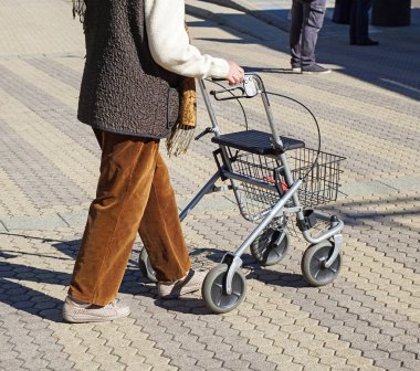 Yaşlı kadın bir tekerlekli alışveriş sepeti ile yürüyor