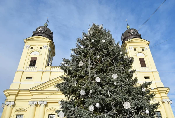 High Christmas Tree Next Church Tower — Stock Photo, Image