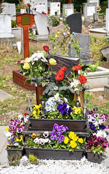 Flores na lápide no cemitério público — Fotografia de Stock