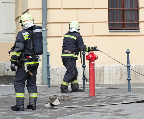 Firefighters at work with hose and oxygen tank — Stock Photo, Image
