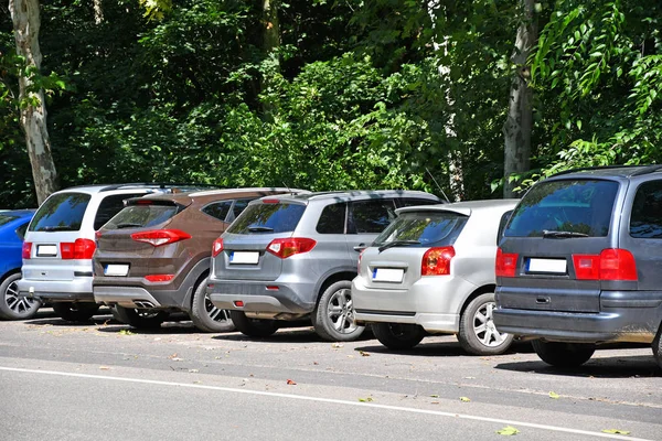 Coches en el estacionamiento cerca de un bosque — Foto de Stock