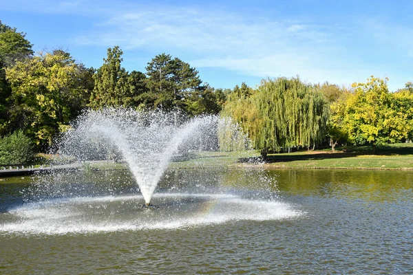 Fountain in the lake autumn time — Stock Photo, Image