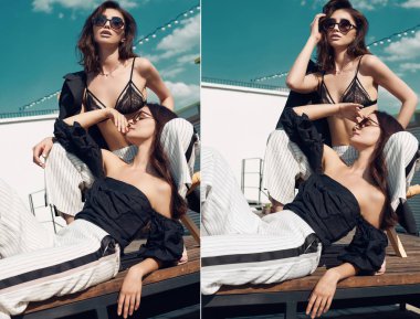 Parlak güzel esmer kadın moda elbiseler canlı gökyüzü ile bir binanın çatı poz birkaç portresi