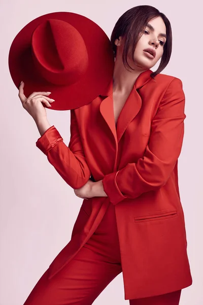 Portrait Elegant Beautiful Woman Red Fashionable Suit Wide Hat Isolated — Stock Photo, Image