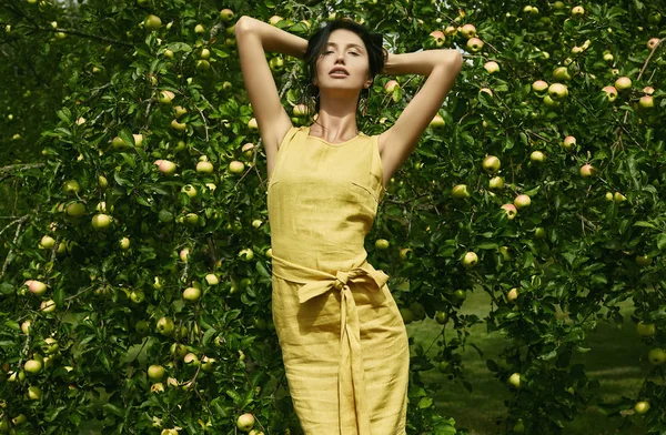 Retrato Una Hermosa Morena Vestido Amarillo Moda Posando Entre Manzano —  Fotos de Stock