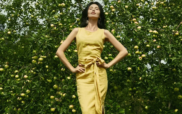 Πορτρέτο Του Πανέμορφη Μελαχρινή Γυναίκα Κίτρινο Φόρεμα Ποζάρει Ανάμεσα Στα — Φωτογραφία Αρχείου