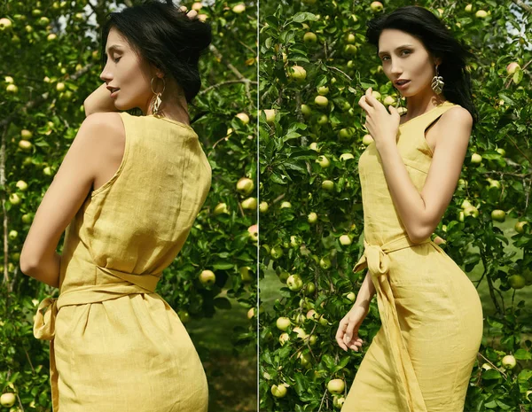 Portrait Magnifique Femme Brune Robe Jaune Mode Posant Parmi Pommier — Photo