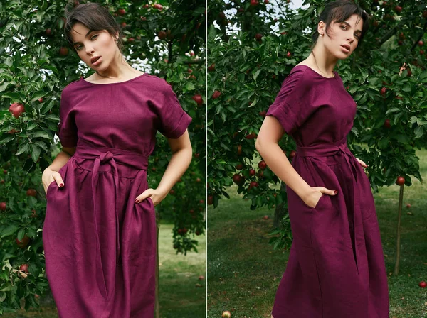 Portret Przepiękny Brunetka Kobieta Moda Klasyczna Sukienka Pozowanie Wśród Jabłoni — Zdjęcie stockowe