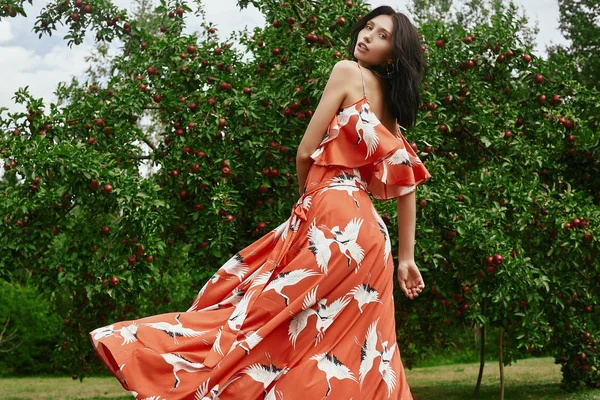 Retrato Una Hermosa Morena Vestida Naranja Posando Entre Manzanos —  Fotos de Stock