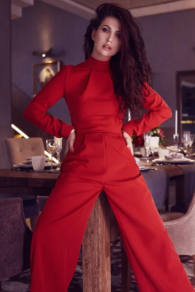 Portrait Gorgeous Sensual Brunette Model Fashion Red Suit Posing Living — Stock Photo, Image