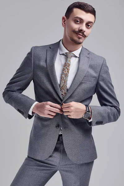 Portrait Handsome Young Confident Arabic Businessman Fancy Mustache Fashion Gray — Stock Photo, Image