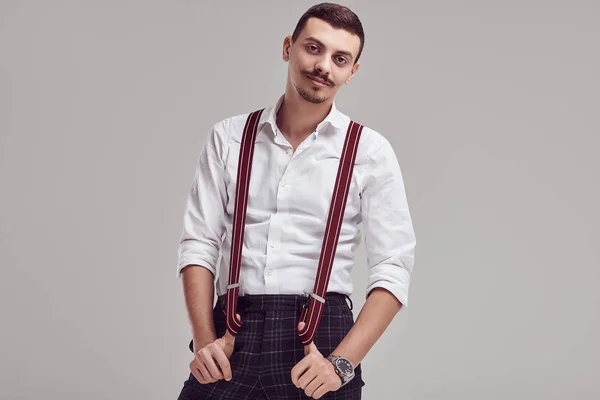 Portrait Handsome Young Confident Arabic Hipster Fancy Mustache Wearing White — Stock Photo, Image