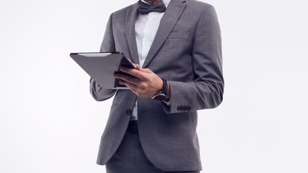 Close Portrait Young Confident Businessman Fancy Mustache Fashion Gray Suit — Stock Video