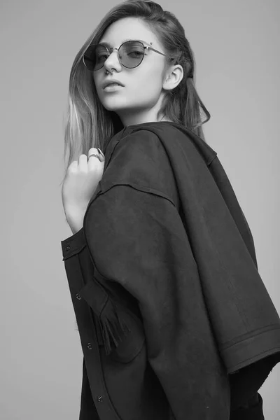 Portrait Cute Teenage Girl Fashion Jacket Color Glasses Posing Gray — Stock Photo, Image