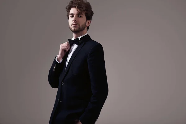 Fashion Portrait Handsome Elegant Man Curly Hair Wearing Tuxedo Posing — Stock Photo, Image