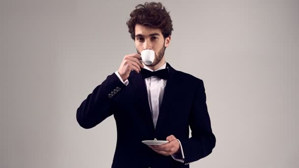 Fashion Portrait Handsome Elegant Man Curly Hair Wearing Tuxedo Holding — Stock Video