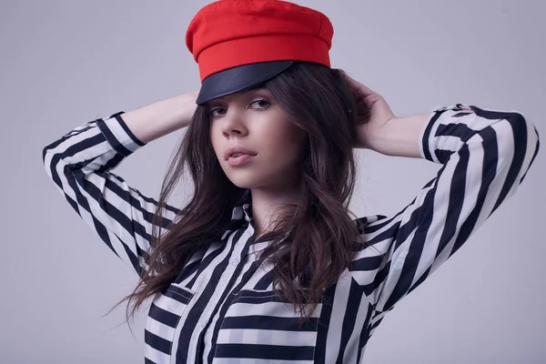 Portrait Fashion Brunette Woman Wearing Striped Blouse Red Hat Isolated — Stock Photo, Image