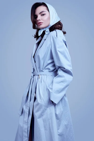 Young elegant brunette woman in coat and shawl posing in studio — 스톡 사진