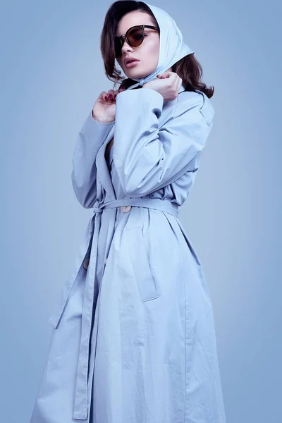 Young elegant brunette woman in coat and shawl posing in studio — 스톡 사진