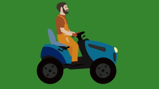 Farmer Jeździ Niebieskim Traktorem Kierowca Ciągnika Animacji Zielonym Tle — Wideo stockowe