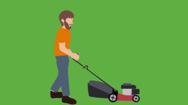 Sakallı tamirci çimleri çim biçme makinesiyle biçiyor. Yeşil arka planda çim biçme makinesi olan bir çiftçinin düz 2D çizgi film animasyonu.