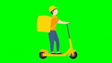 Yeşil arka plandaki 2D düz karakterin animasyonu. Şapkalı ve büyük sırt çantalı genç beyaz bir adam sarı elektrikli scooter kullanıyor. Teslimat işçisi paketi teslim eder..