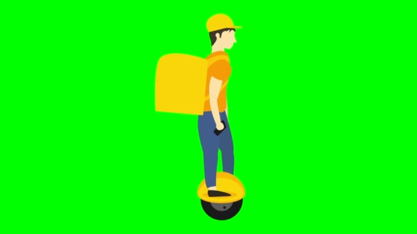 在绿色背景上的2D平面字符动画 一个戴着帽子 背着大背包的年轻的高加索人骑着一个黄色的电悬浮板 送货服务人员提供包裹 — 图库视频影像