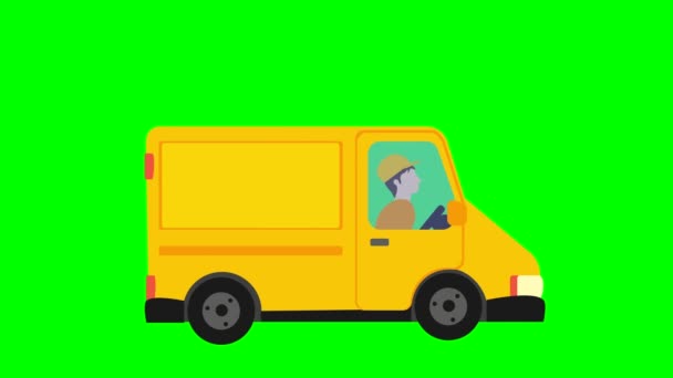 Animação Personagem Plano Fundo Verde Jovem Caucasiano Chapéu Monta Microônibus — Vídeo de Stock