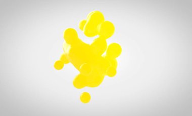 Sarı plastik metaforun 3 boyutlu hali. Küçük damlalar sıvı küreden ayrılır ve beyaz bir zemin üzerinde birbirine bağlanır. Sıvı molekül 3 boyutlu olarak çürüyor.