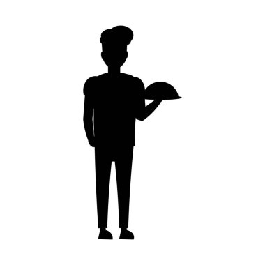 Şefin şapkalı silueti elinde bir tepsi yemek tutuyor. Düz vektör karakteri beyaz arkaplanda izole edildi. Profesyonel aşçı..