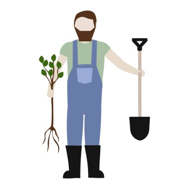 Elinde bitki ve kürek olan yassı vektör karakter bahçıvanı. Profesyonel bahçıvan. Beyaz arkaplanda izole et.
