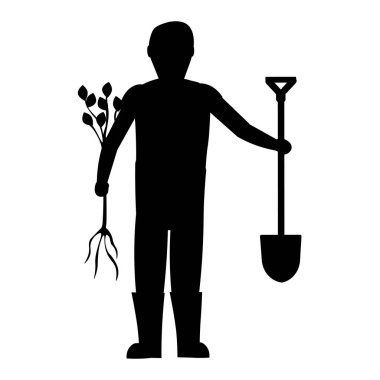 Elinde bitki ve kürek olan bir bahçıvanın düz vektör silueti. Profesyonel bahçıvan. Beyaz arkaplanda izole et.