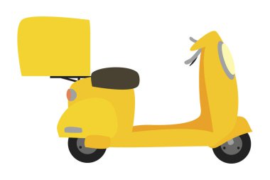 Beyaz arka planda izole edilmiş paket kutulu sarı elektrikli scooter 'ın düz vektör çizimi. Şehir sevkiyatı.