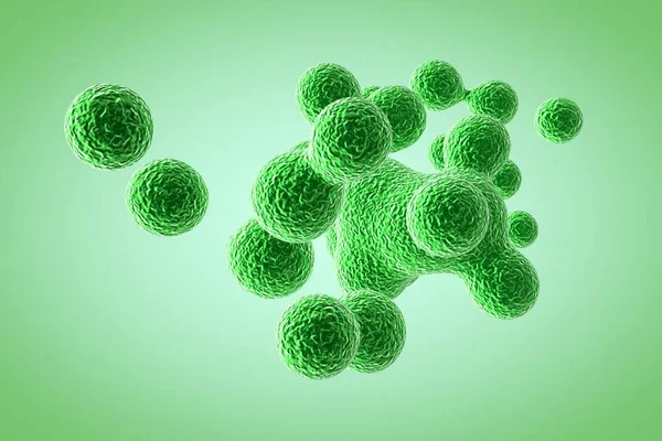 绿色弹性体在3D 小分子与液体球分离并结合在一起 在3D分解的病毒呈现 显微镜下的细菌 宏观世界特写 — 图库照片